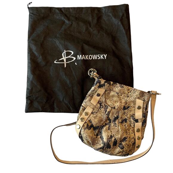 B Makowsky Leather Faux Snakeskin Crossbody Bag - Beige, Black - Picture 1 of 16